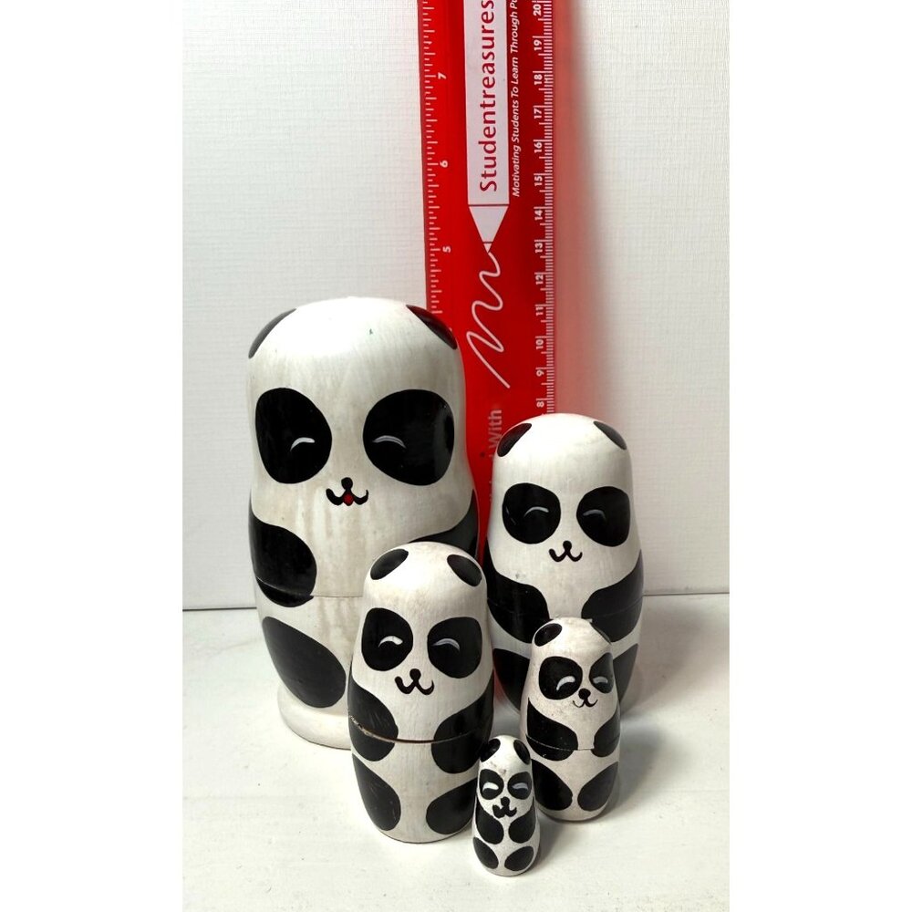 Nesting Panda Bear Family Wooden Doll Statues - Picture 3 of 8